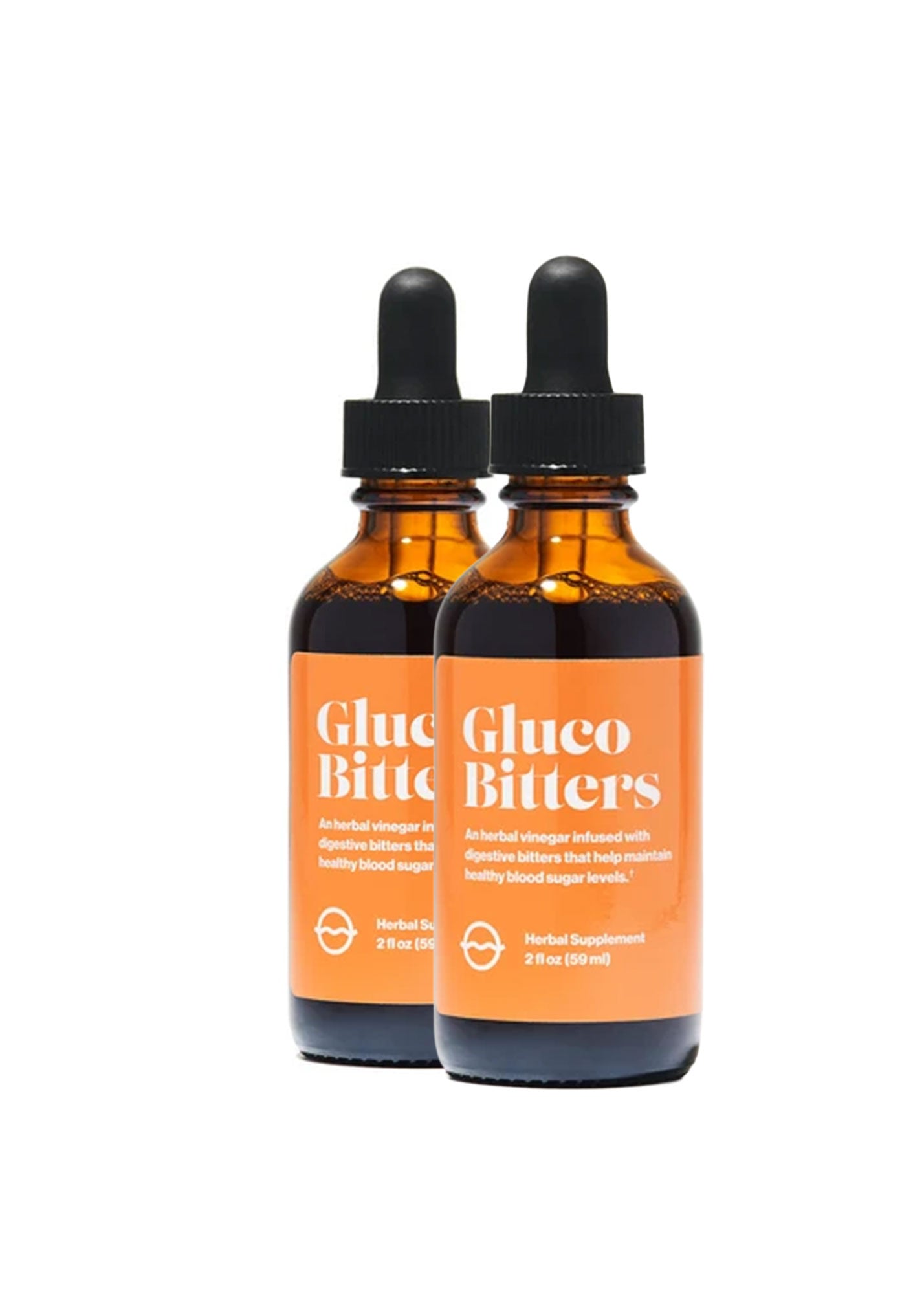 Front view of GlucoBitters bundle showing two amber dropper bottles with orange labels on white background