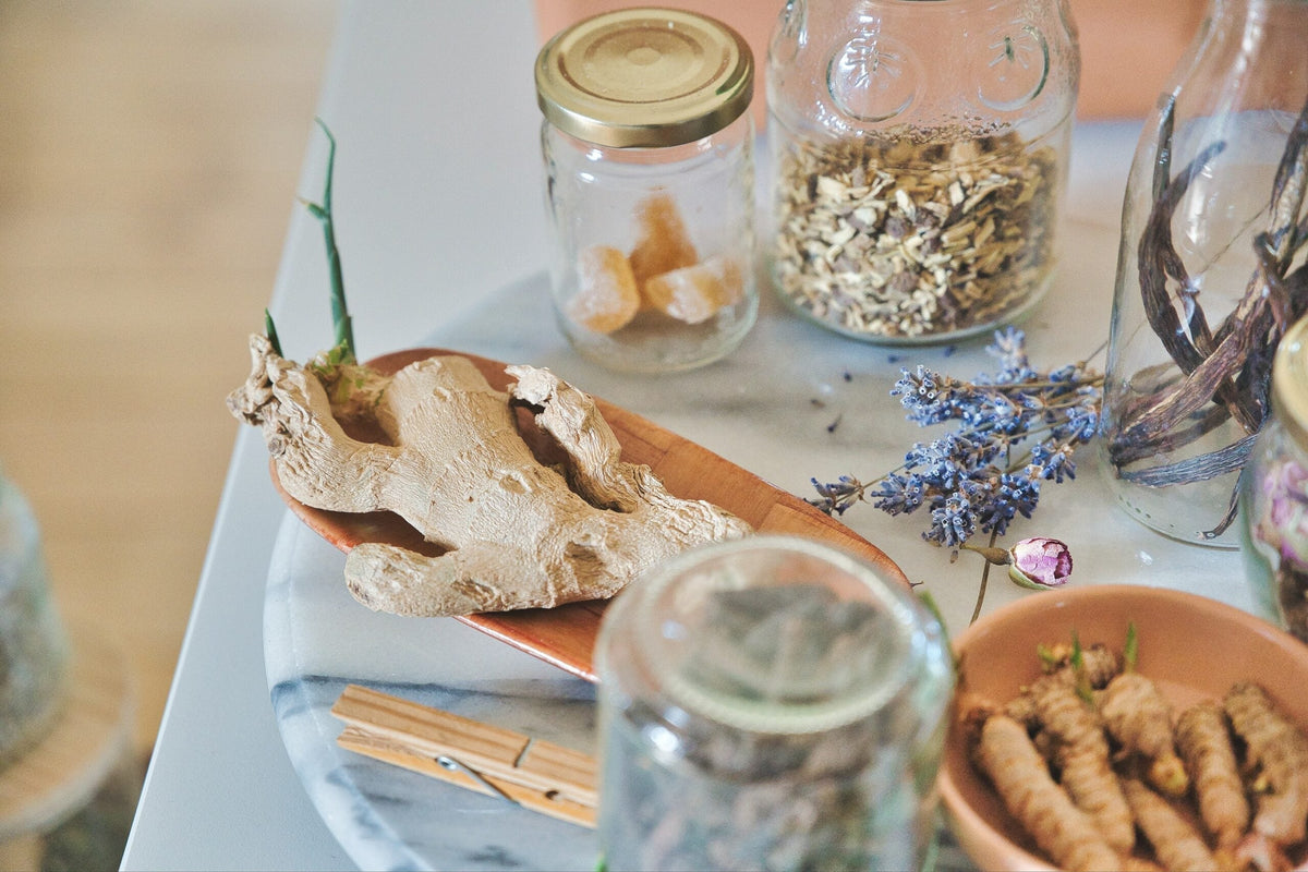 Ginger root and dried turmeric in bowls with glass jars and a sprig of lavender on a marble tabletop