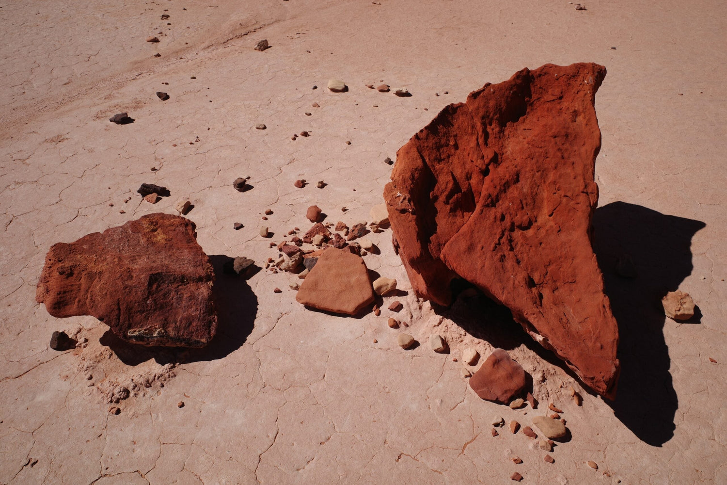 Two red sandstone rocks on a sunlit, cracked clay desert floor with scattered pebbles and strong shadows