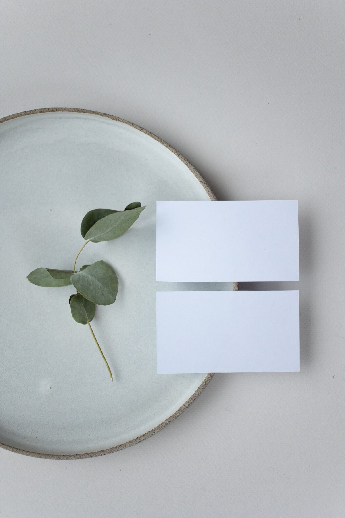 Empty ceramic plate with a leafy stem and blank cards on a pale background, symbolizing skipped breakfast