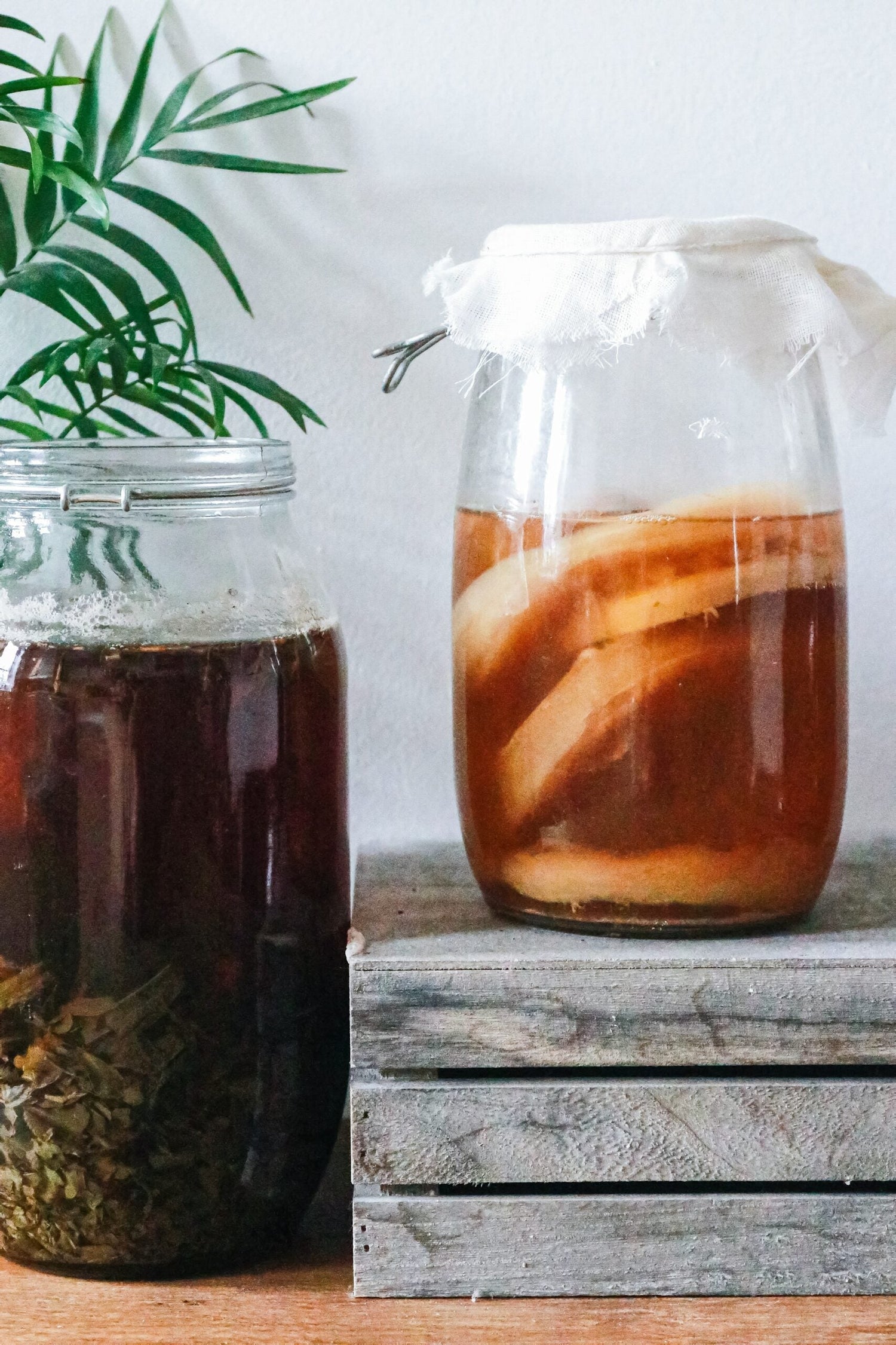 Two glass jars steeping herbal infusions on a wooden crate, one covered with cheesecloth and citrus slices beside a potted plant