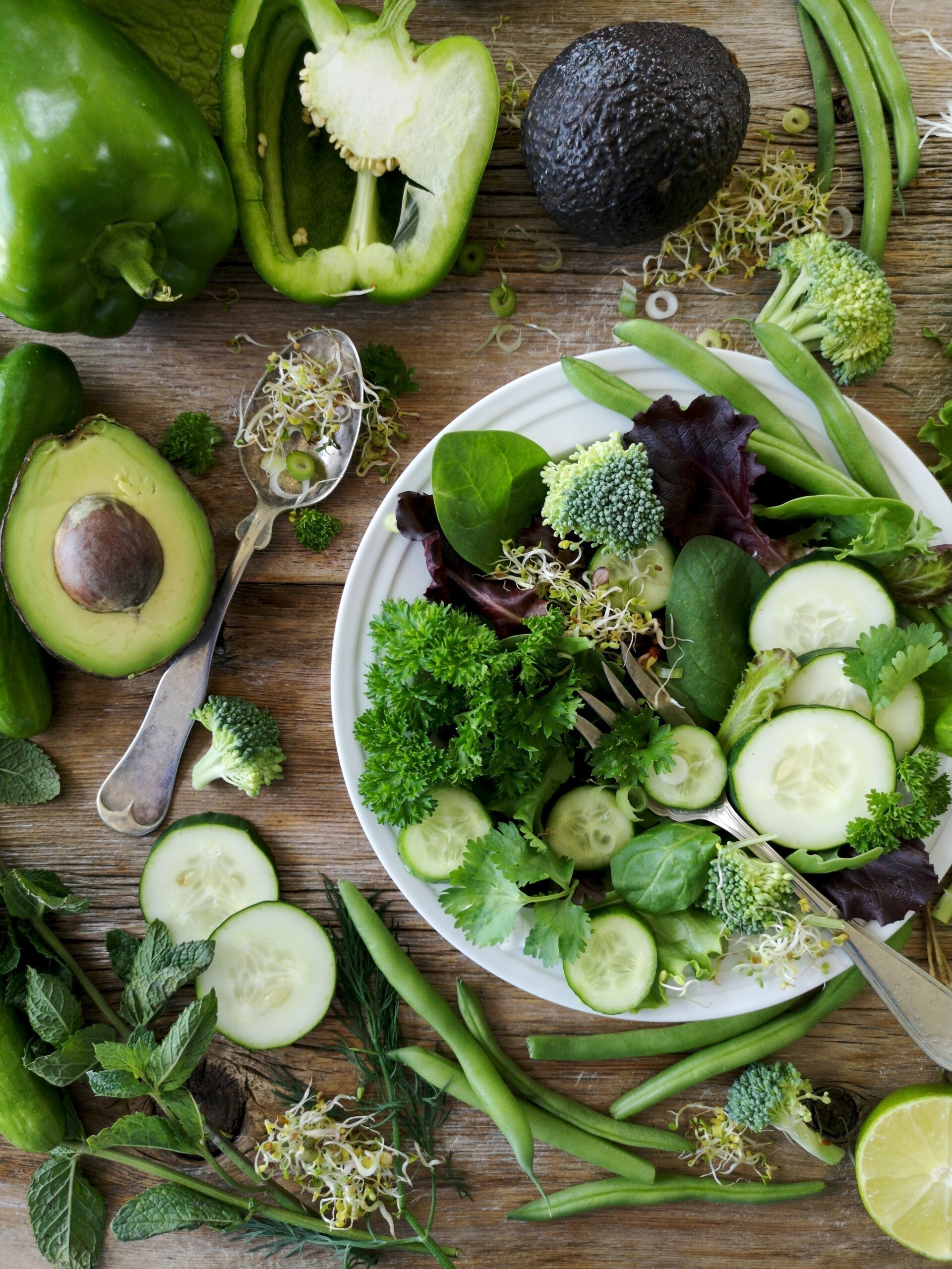 Bowl of mixed green salad with cucumber, avocado, broccoli, sprouts and herbs arranged on a wooden table