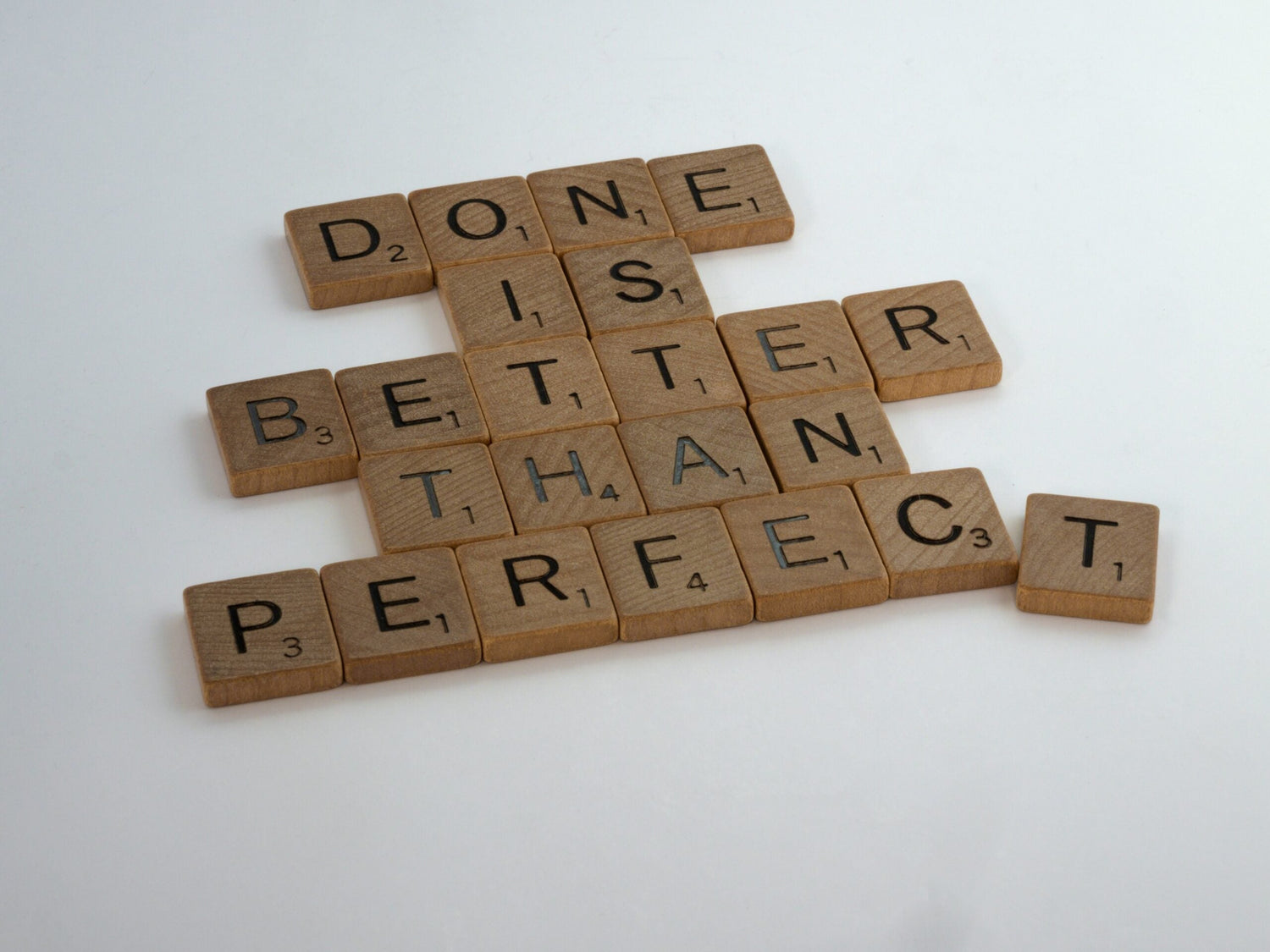 Scrabble tiles arranged to read “Done is better than perfect” on a white background