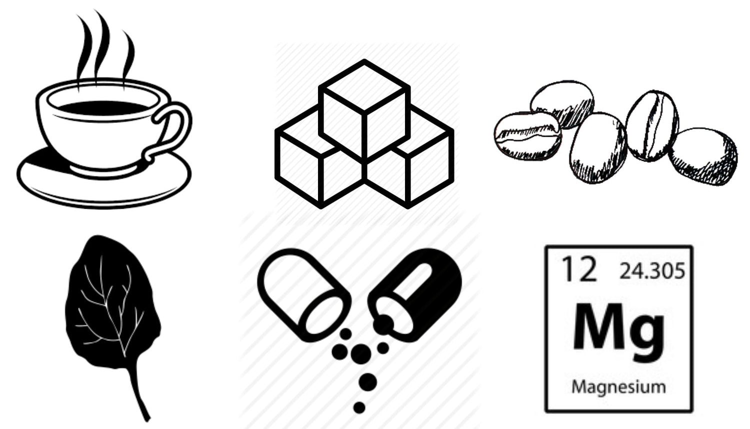 Icon grid showing foods and supplements linked to adrenal fatigue: coffee, sugar cubes, coffee beans, leafy greens, capsules, magnesium