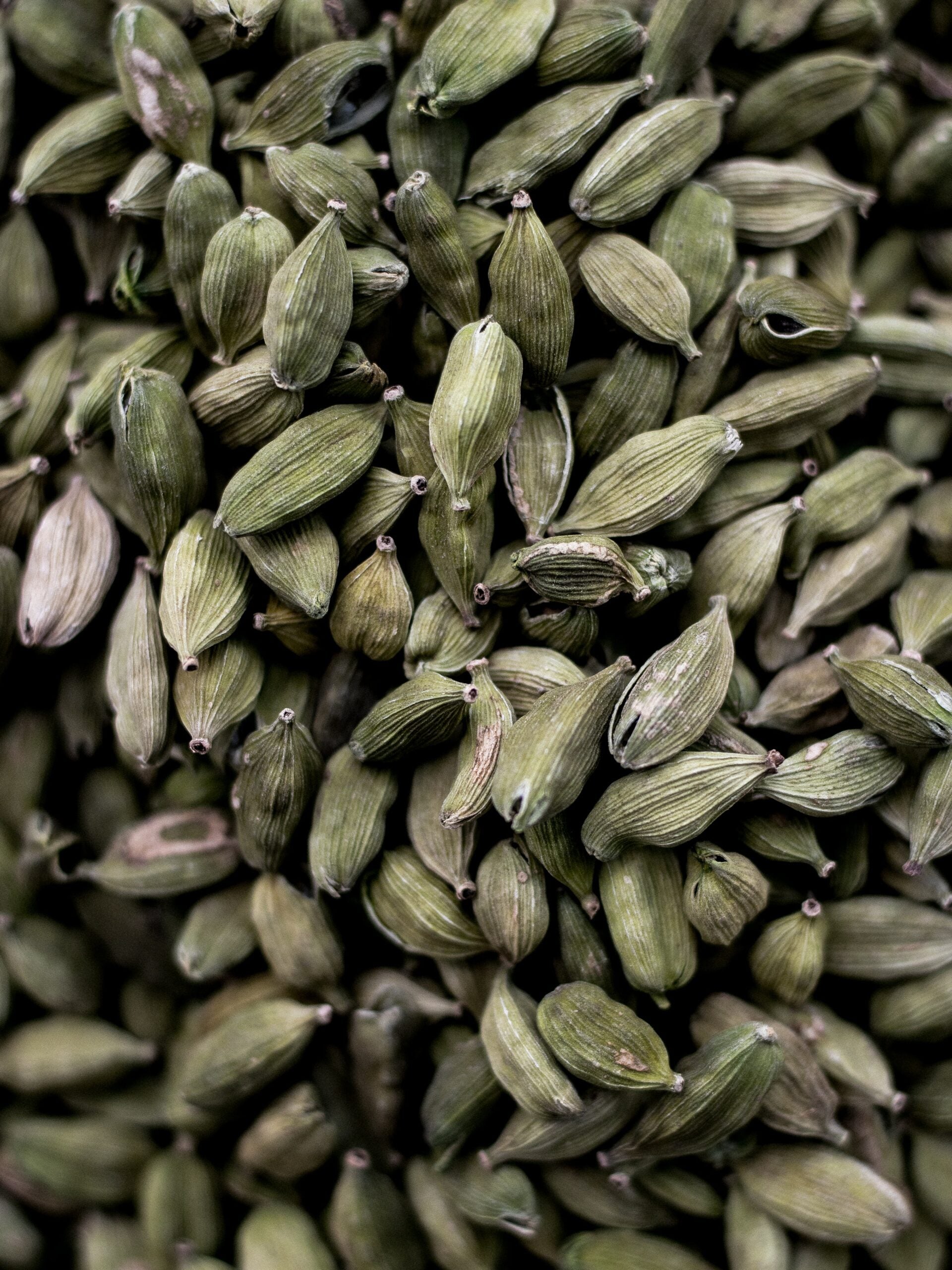 Close-up of green cardamom pods showing ribbed texture and varied sizes on a dark background