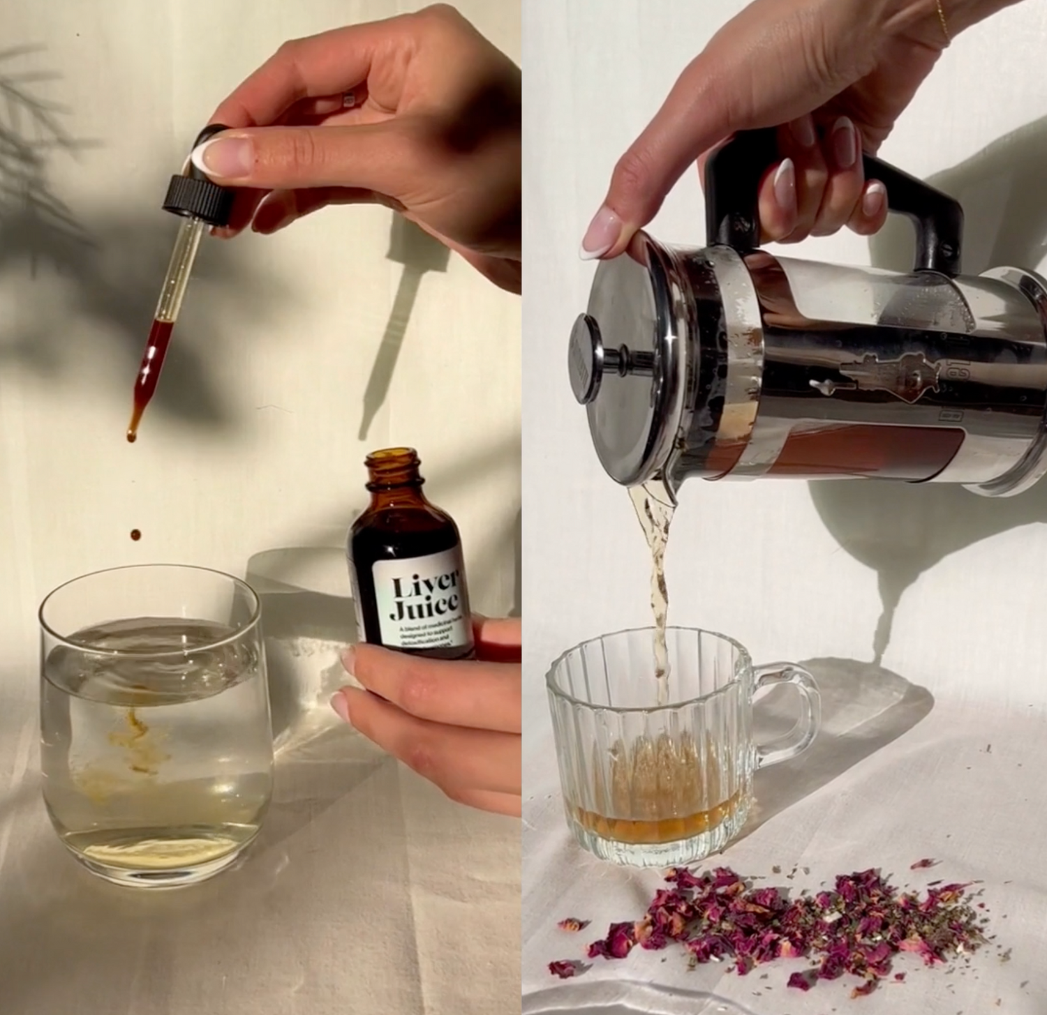 Left: hand dropping Liver Juice tincture into glass of water; Right: hand pouring tea from French press into cup, rose petals