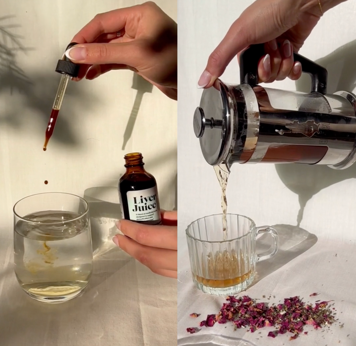 Left: hand dropping Liver Juice tincture into glass of water; Right: hand pouring tea from French press into cup, rose petals