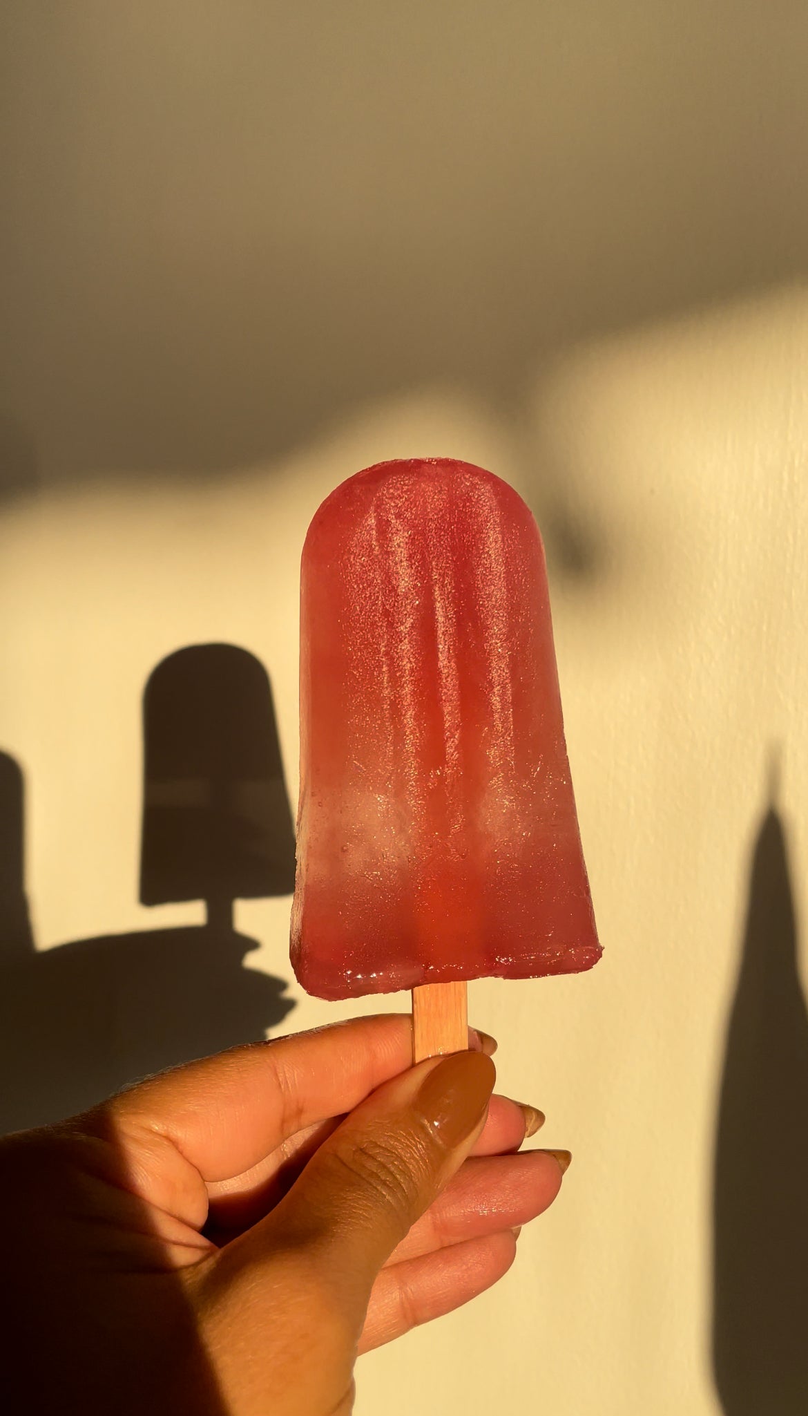 Close-up front view of a pink herbal rose popsicle held by hand showing frosty texture and wooden stick against sunlit wall