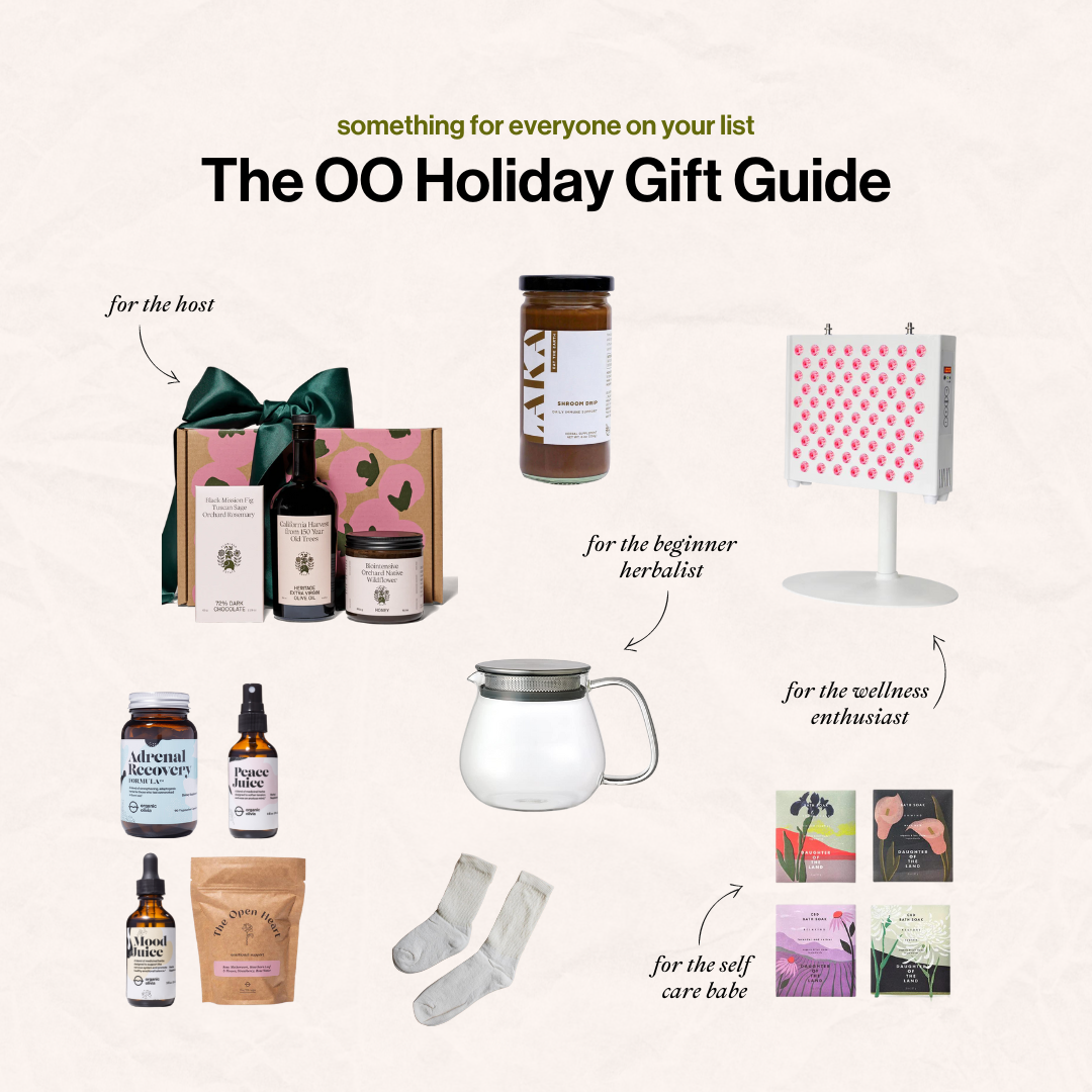 Collage-style infographic showing holiday gift ideas organized by recipient with headline ‘The OO Holiday Gift Guide’