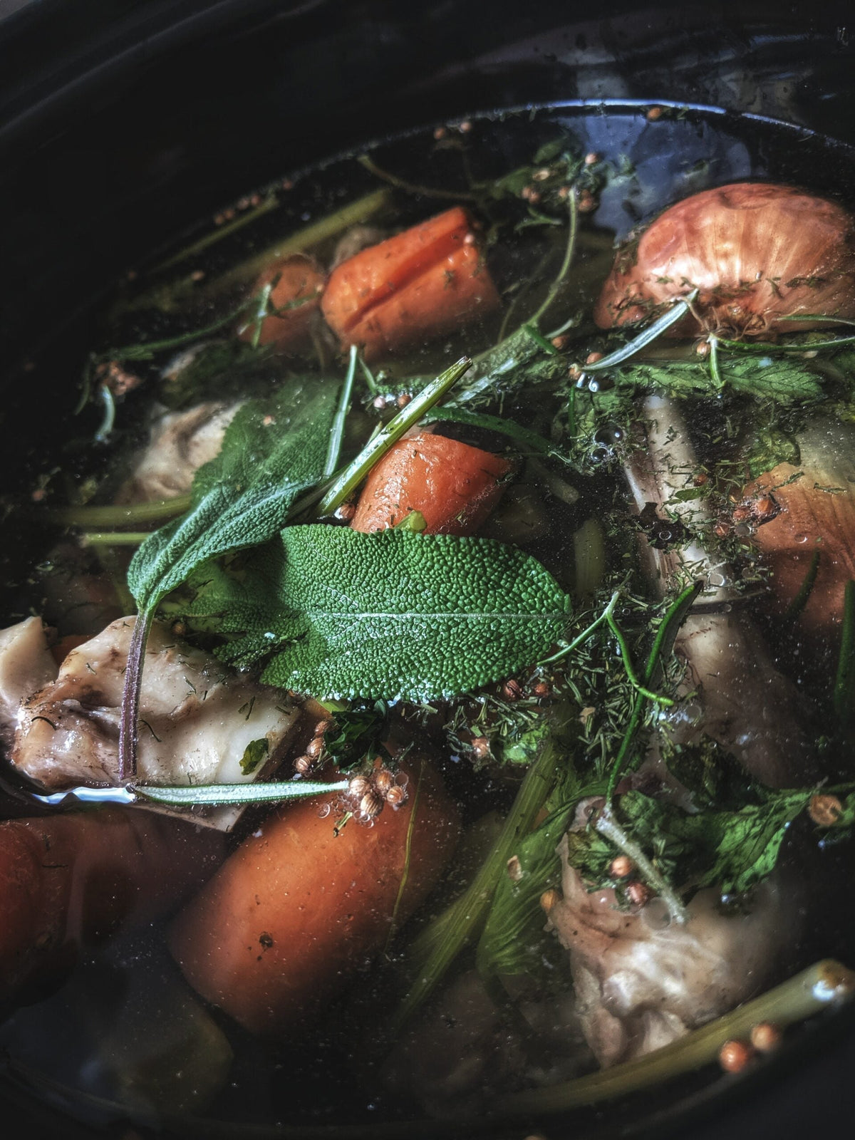 Bone broth simmering with fresh sage, carrots, onion, and herbs in a dark pot