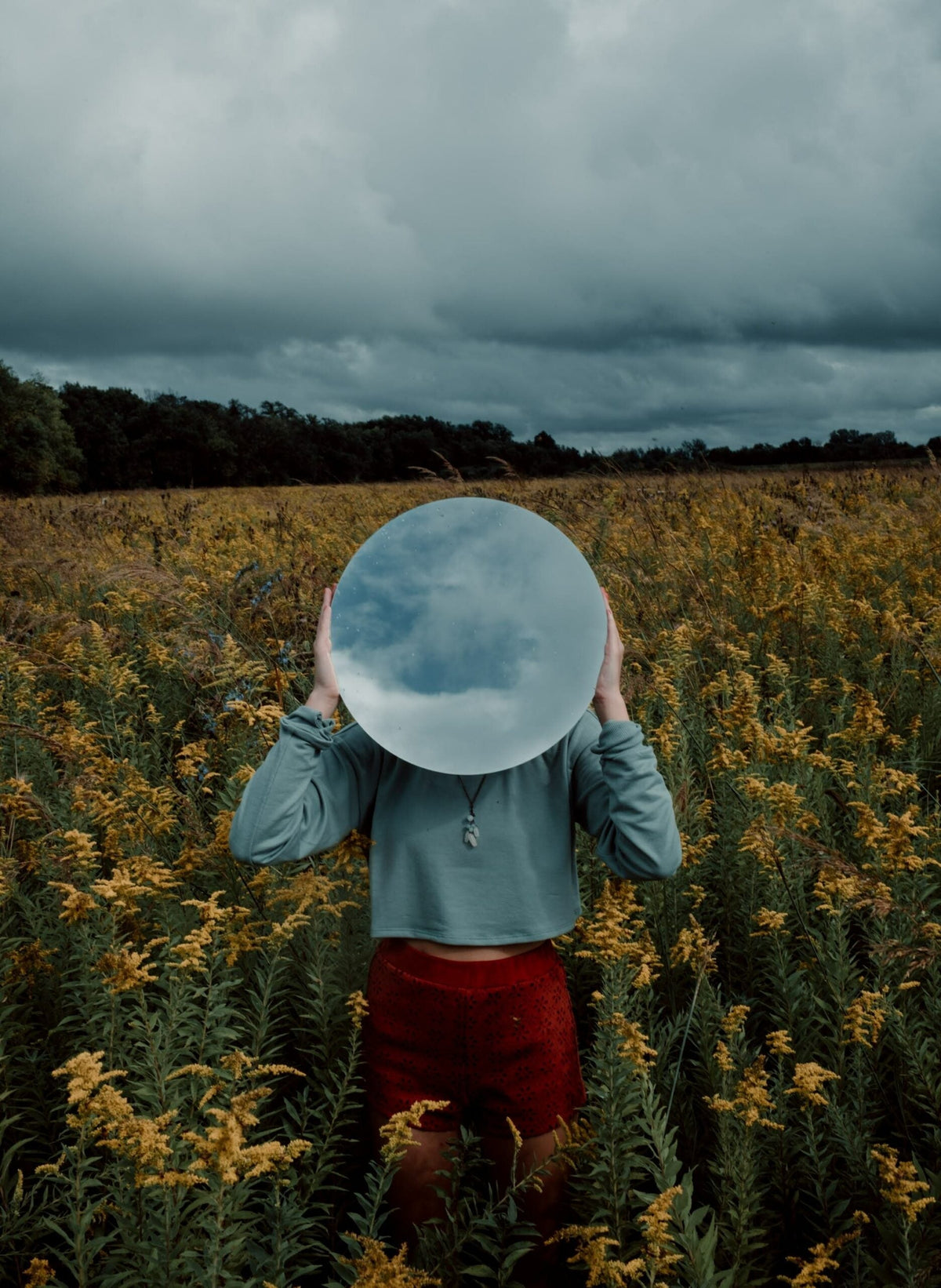Person holding a large round mirror over their face in a field of yellow wildflowers beneath storm clouds