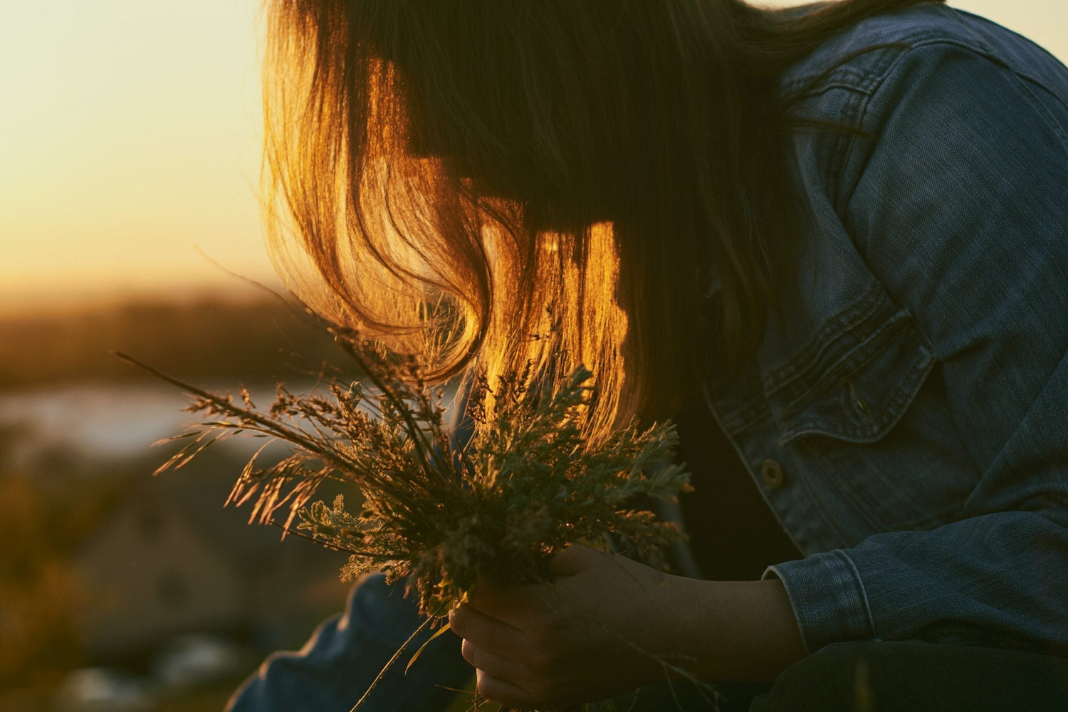 Person holding a small bouquet of wild grasses at sunset, hair and face softly backlit by golden light