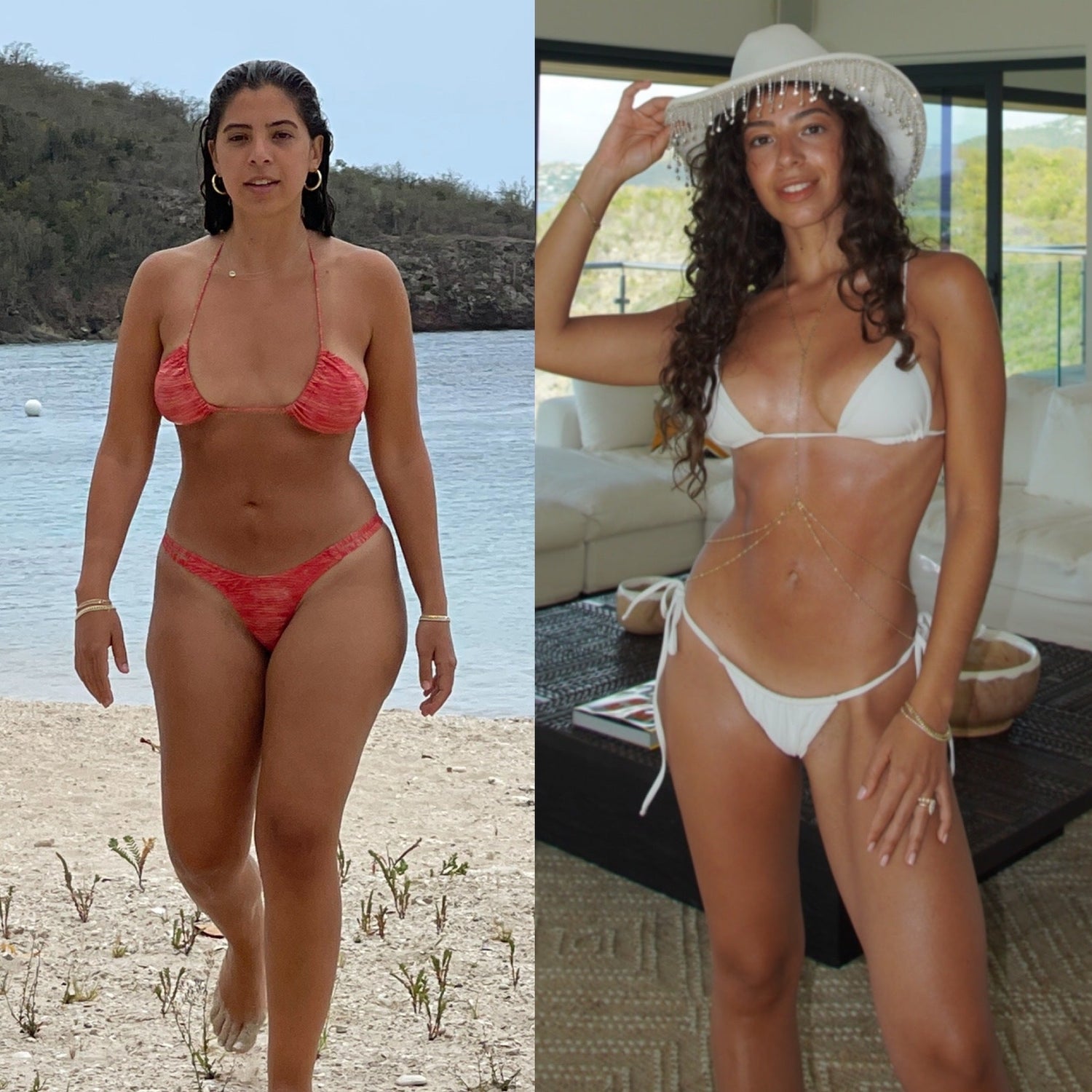 Two women in bikinis — one walking on a sandy beach and the other posing indoors wearing a white cowboy hat