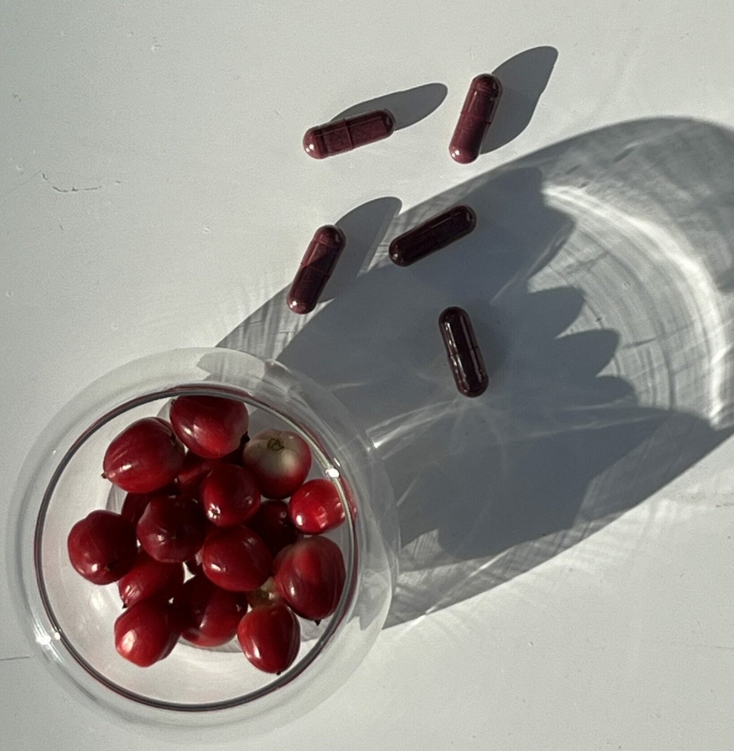 Glass bowl of cranberries beside red herbal supplement capsules casting long shadows on a white surface