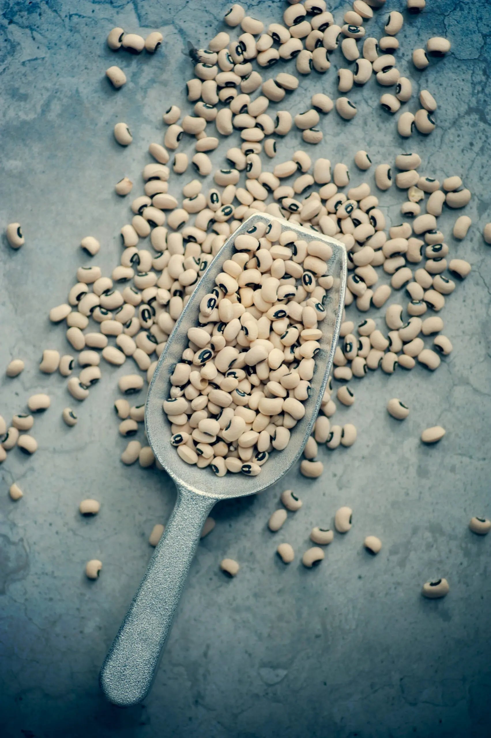 Top-down view of a metal scoop filled with black-eyed peas scattered on a gray surface