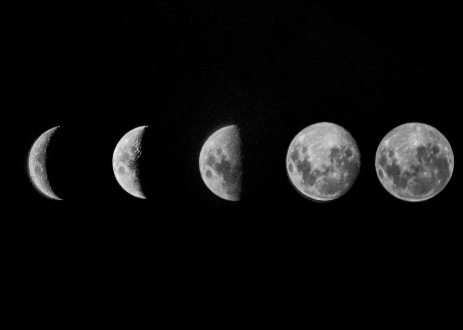 Row of five moon phases progressing from crescent to full moon against a black sky