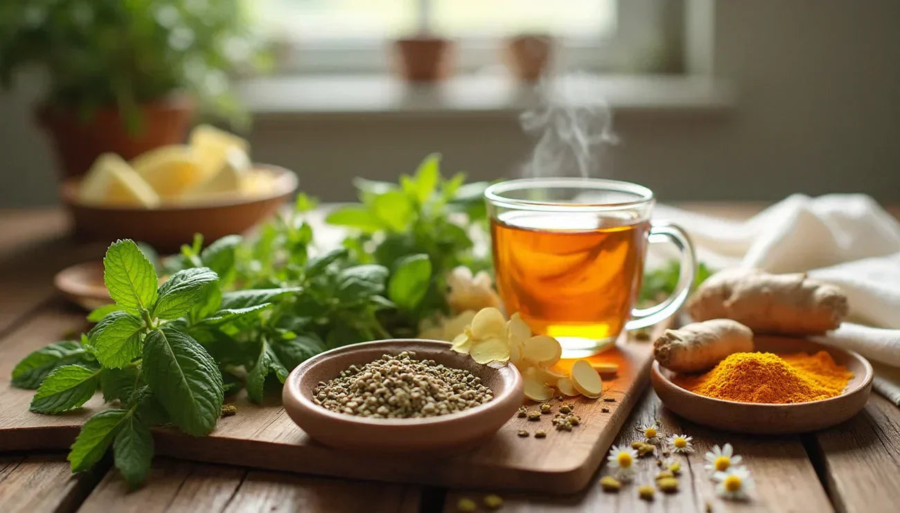 Steaming herbal tea with mint, chamomile, turmeric, ginger, and seeds on a wooden board in soft window light