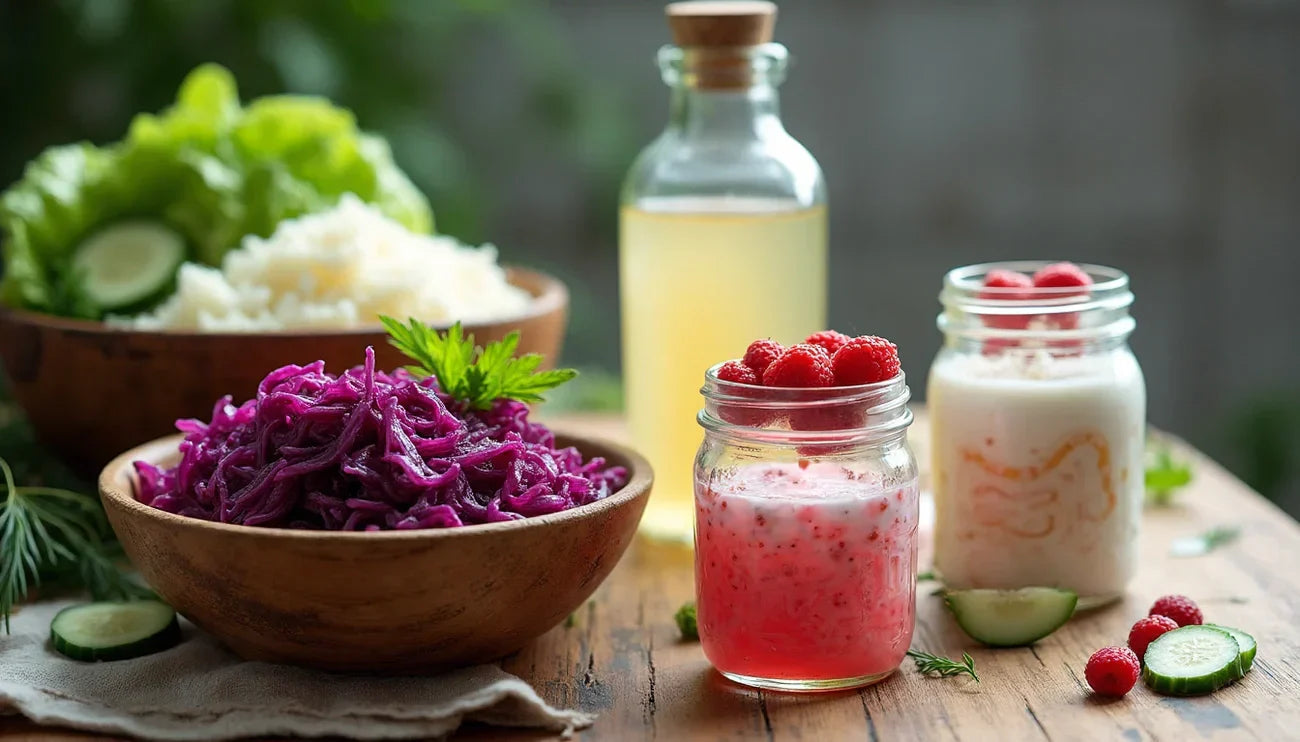 Fermented foods on a wooden table: purple sauerkraut in a bowl, two mason jars of yogurt with raspberries, and a bottle of kombucha