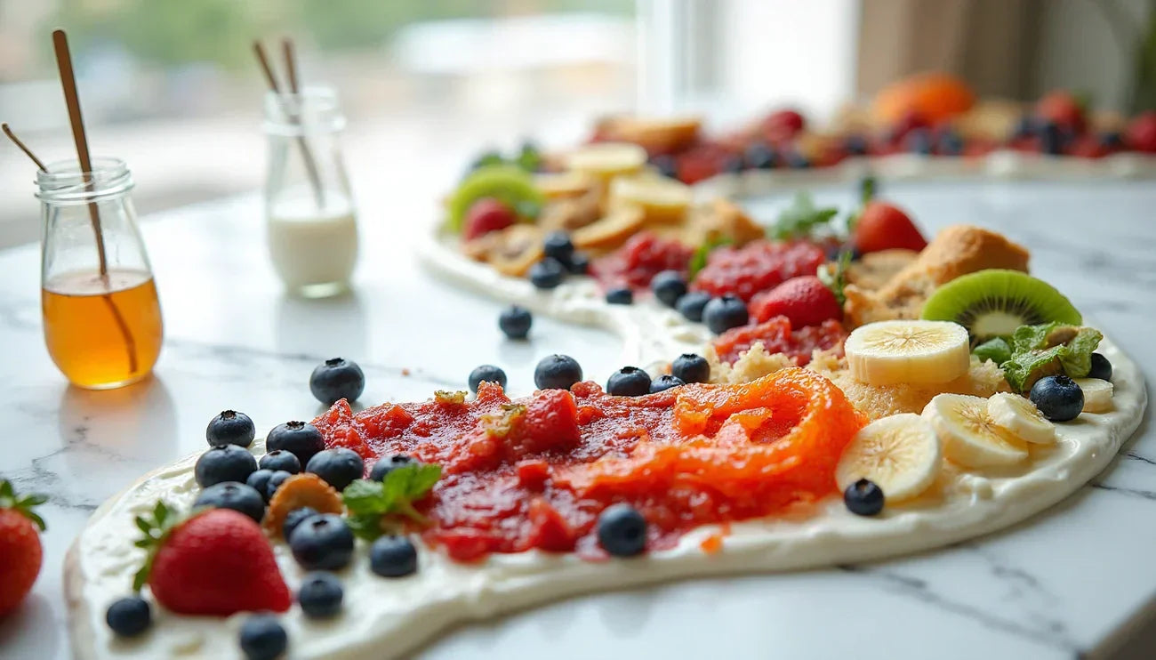 Yogurt spread topped with strawberries, blueberries, banana slices and kiwi arranged like a flowing breakfast board on a marble counter with jars of honey and milk