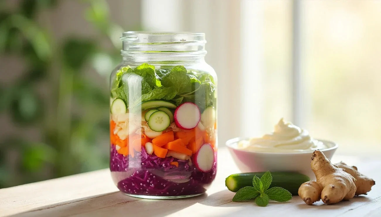 Mason jar of layered vegetables on a sunlit wooden table beside a bowl of yogurt, cucumber, mint, and fresh ginger