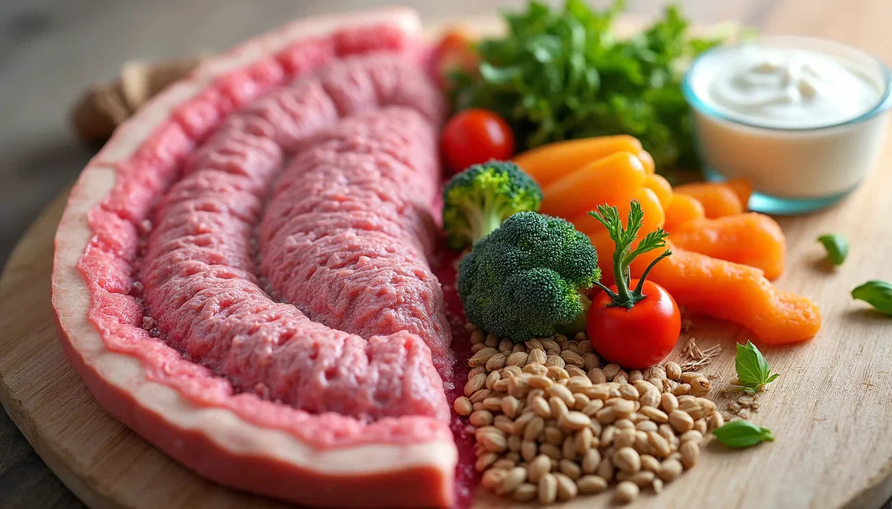 Raw meat shaped like an intestine displayed with broccoli, carrots, cherry tomato, grains, and a bowl of yogurt on a wooden board