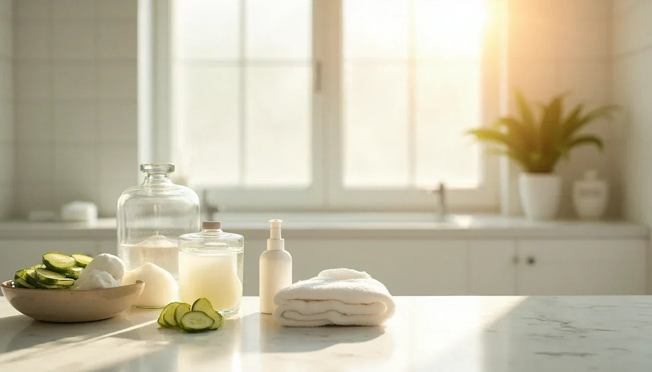 Spa bottles, glass jars, sliced cucumber, and folded white towels arranged on a sunlit bathroom countertop
