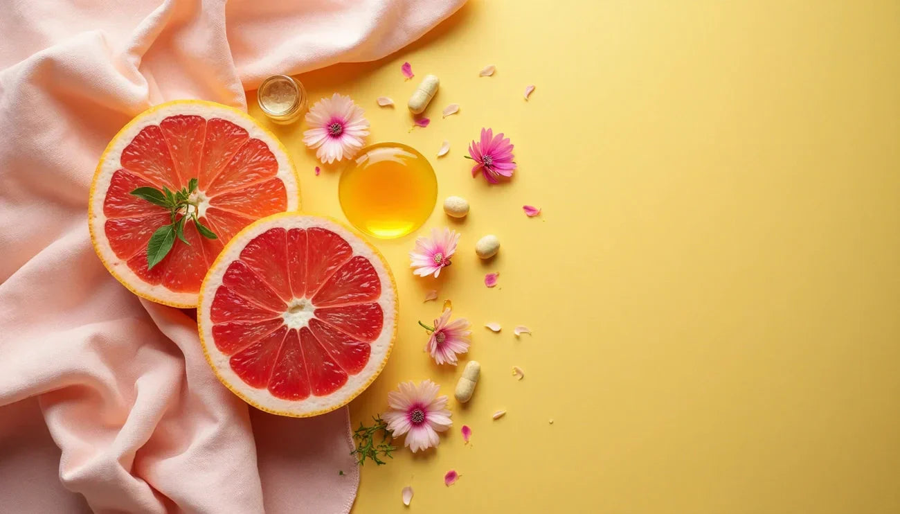 Two grapefruit halves arranged with a small dish of honey, supplement capsules and pink flowers on a yellow background