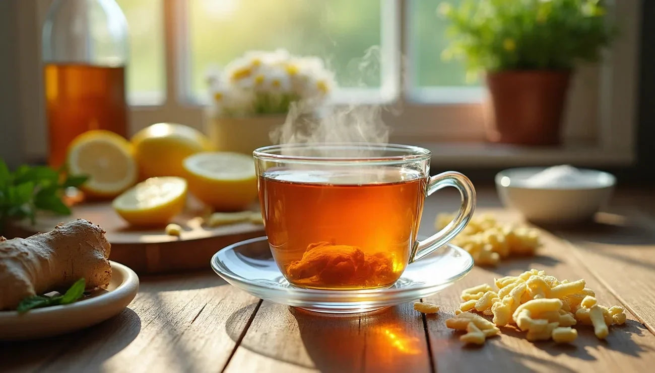 Steaming cup of ginger and lemon tea on a wooden table with fresh ginger, lemon halves, and morning sunlight through a window
