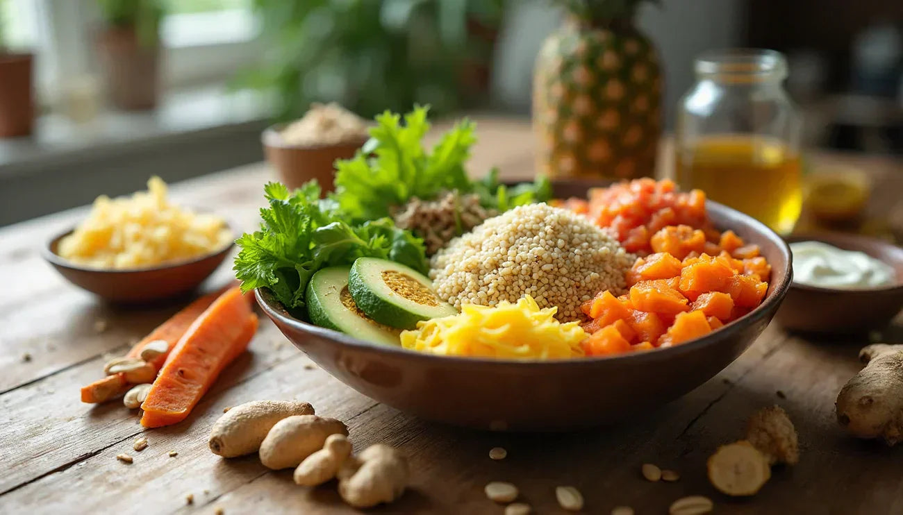 Healthy grain and vegetable bowl with quinoa, avocado slices, diced sweet potato, leafy greens, and ginger on a wooden table