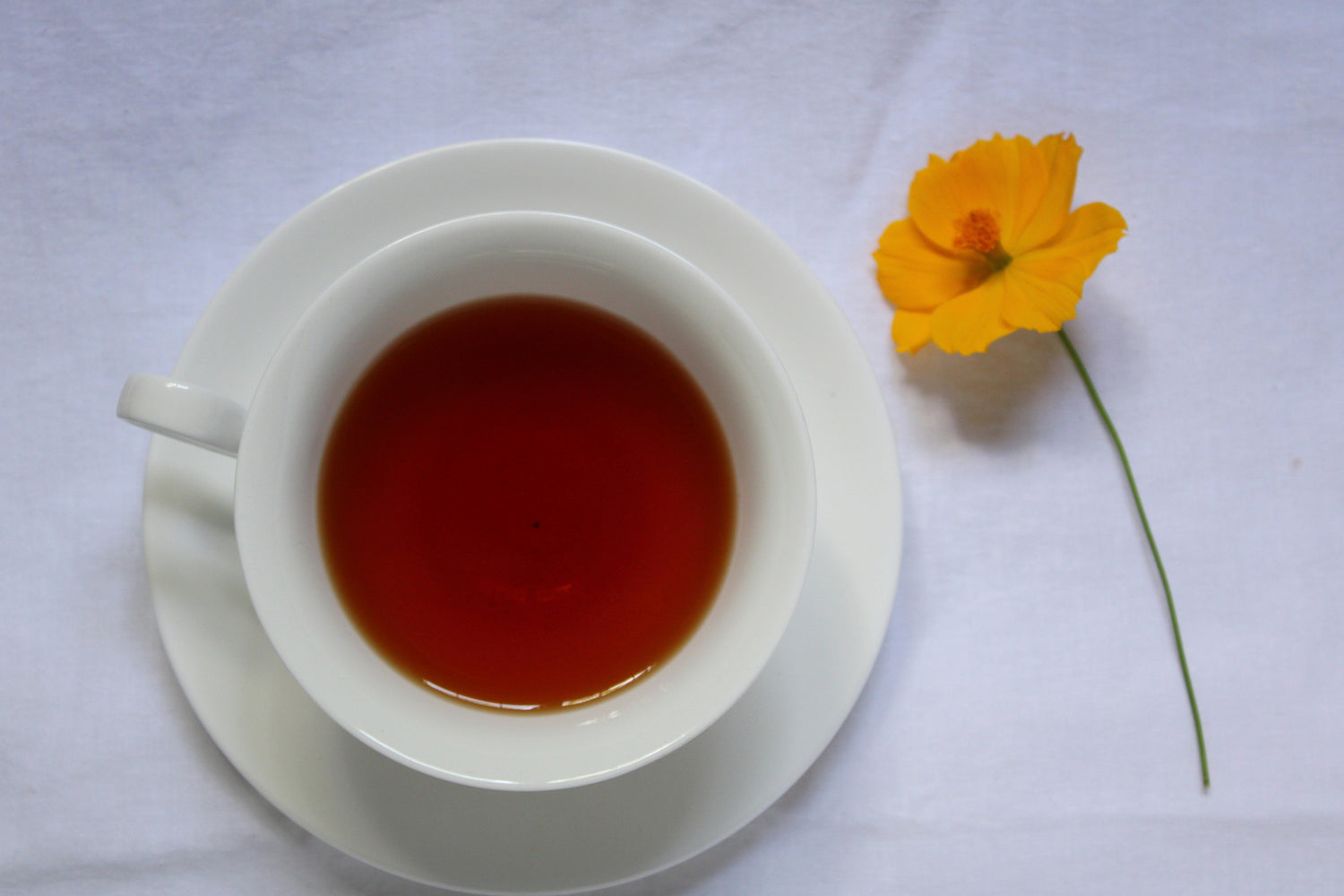 Top-down view of a white teacup and saucer filled with amber tea beside a single yellow flower on white cloth