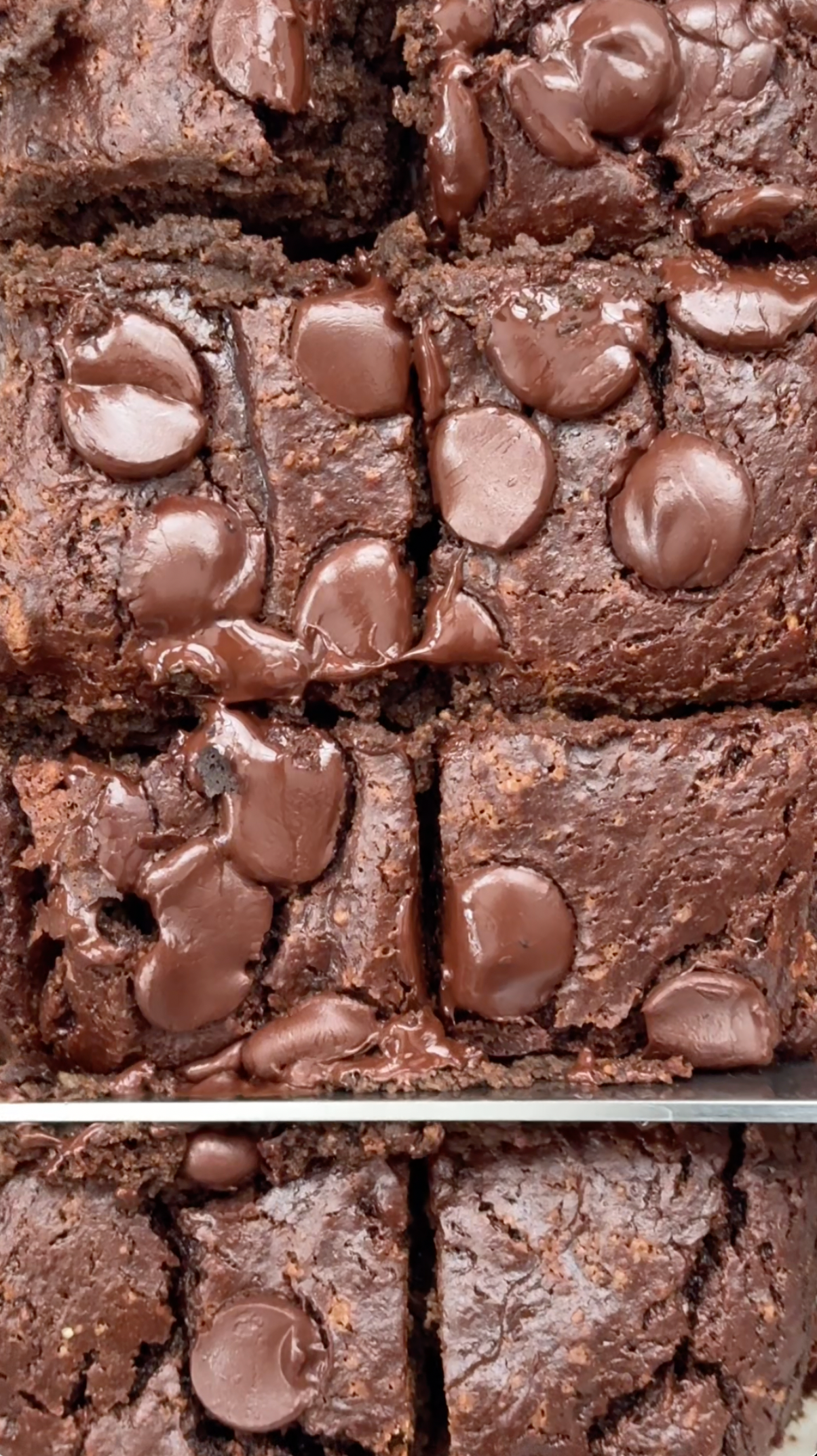 Close-up of fudgy chocolate brownies cut into squares topped with glossy melted chocolate chips