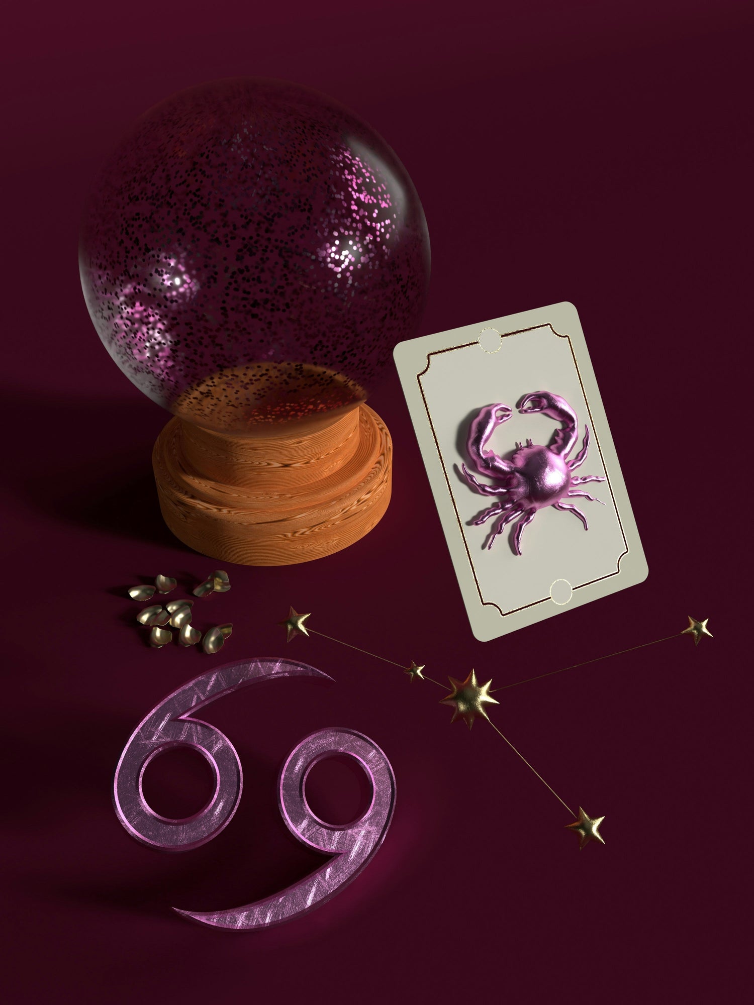 Crystal ball on a wooden stand with a tarot card showing a metallic crab and a pink Cancer zodiac glyph on burgundy background