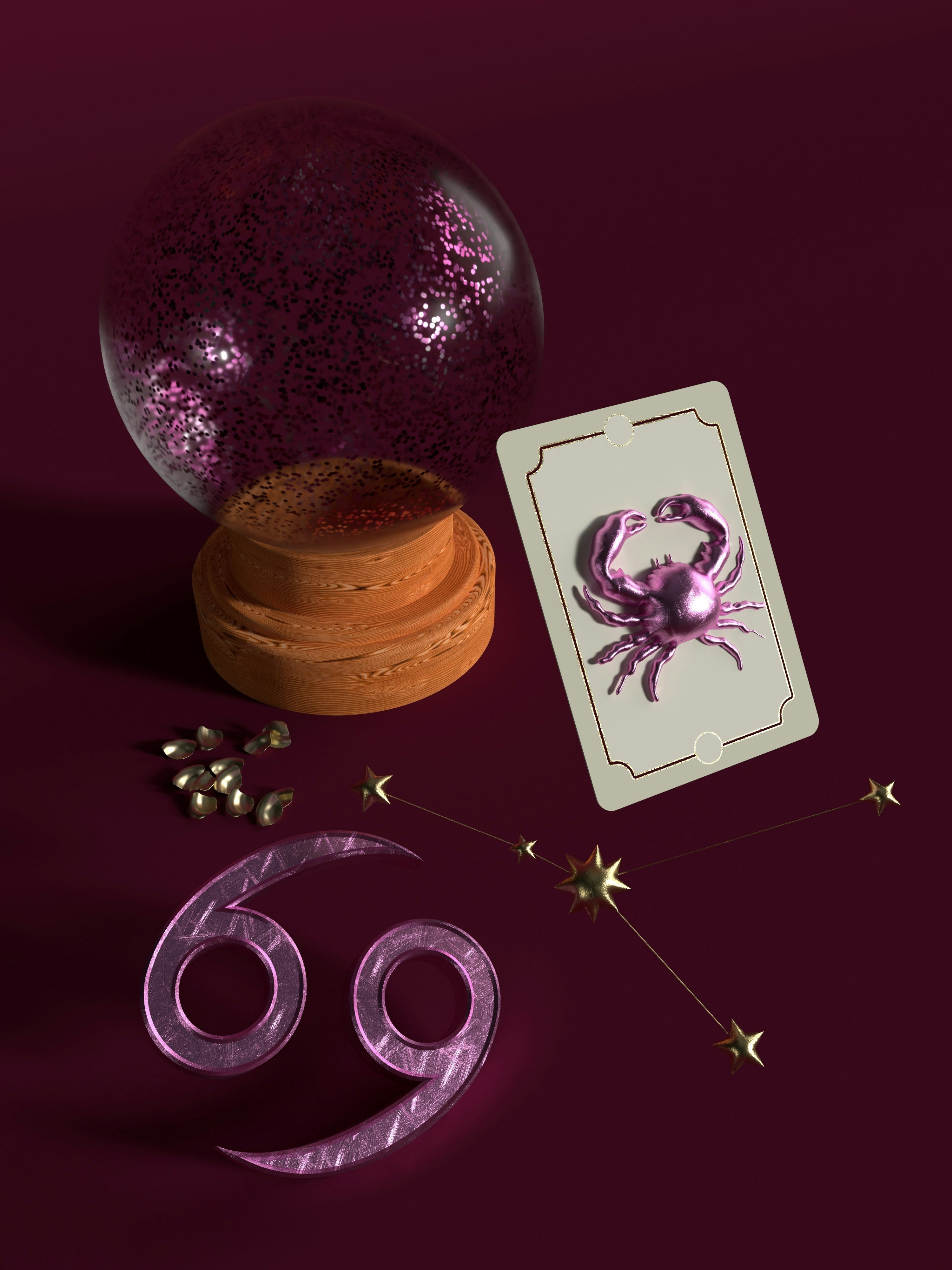Crystal ball on a wooden stand with a tarot card showing a metallic crab and a pink Cancer zodiac glyph on burgundy background