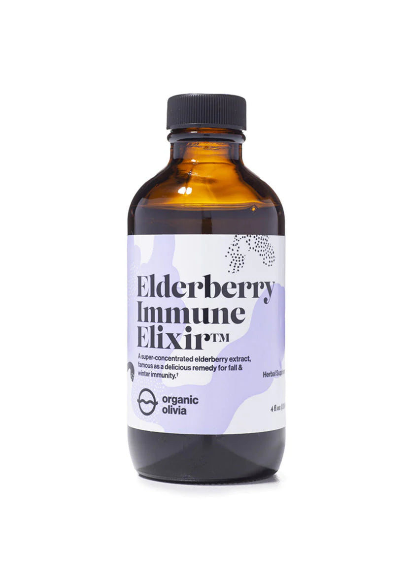 Front view of amber glass bottle of Elderberry Immune Elixir showing label with purple accent on white background